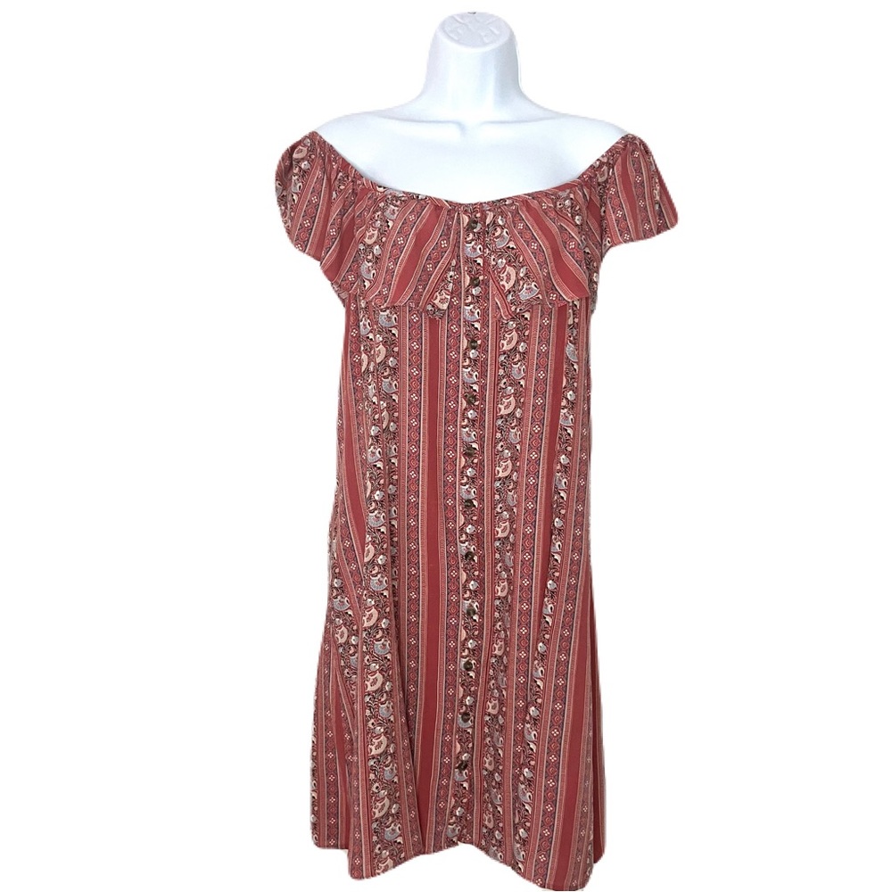 American Eagle Outfitters Floral Ruffled Off the Shoulder Button Down Mini Dress